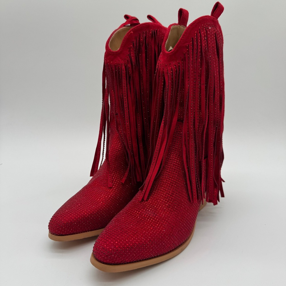Rollda Red Rhinestone Fringe Western Boots Pointed Toe Block Heel Size 7